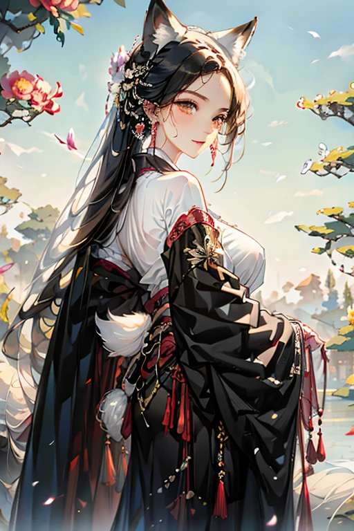 A black haired fox woman with violet eyes with an hourglass figure and black fox ears and a black fox tail in a pretty kimono is walking through a field of peonies
