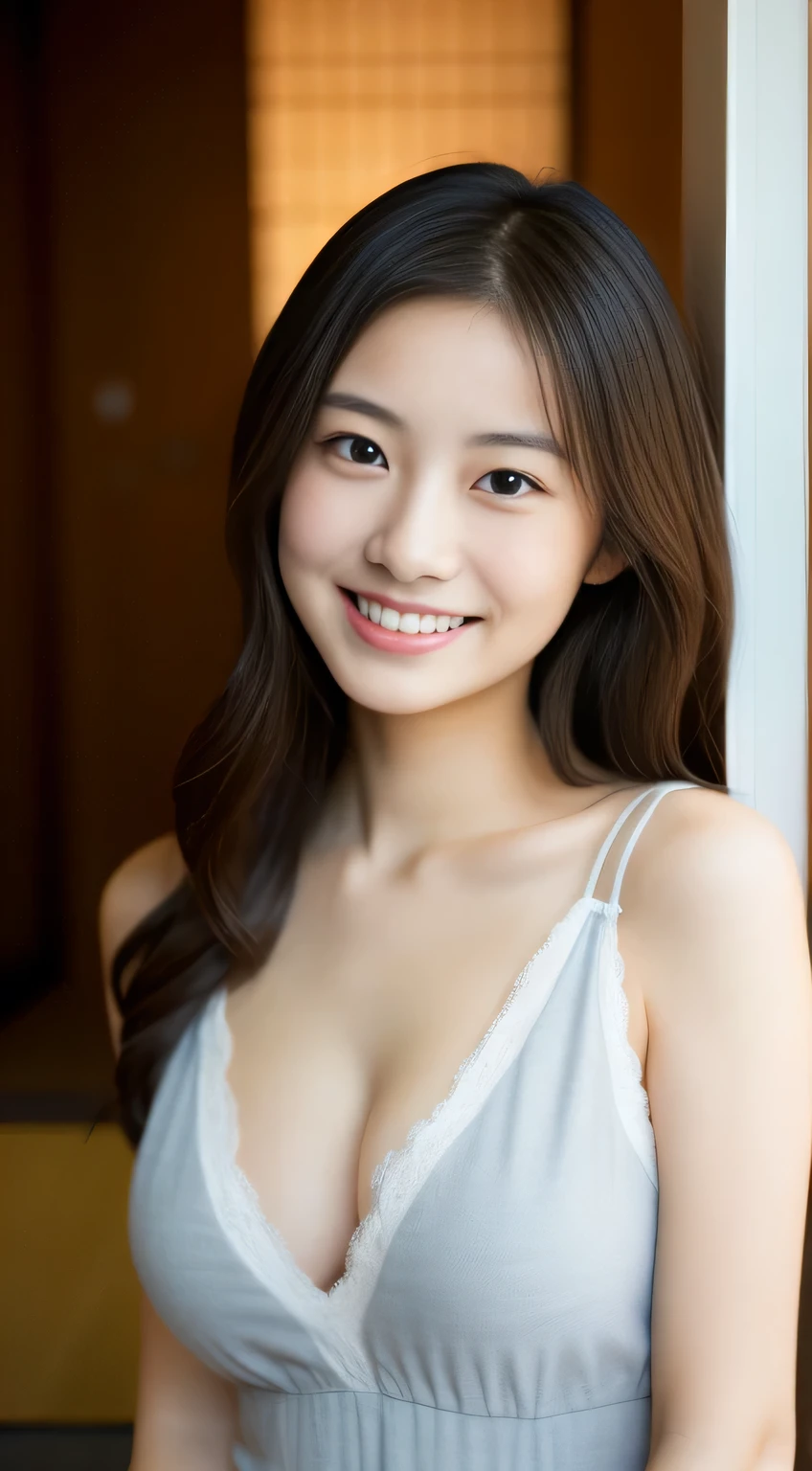 masterpiece,best quality,(Japanese ),((Beautiful girl)),cleavage,indoor,(perfect body beauty:1.2),(shy smile),beautiful teeth,