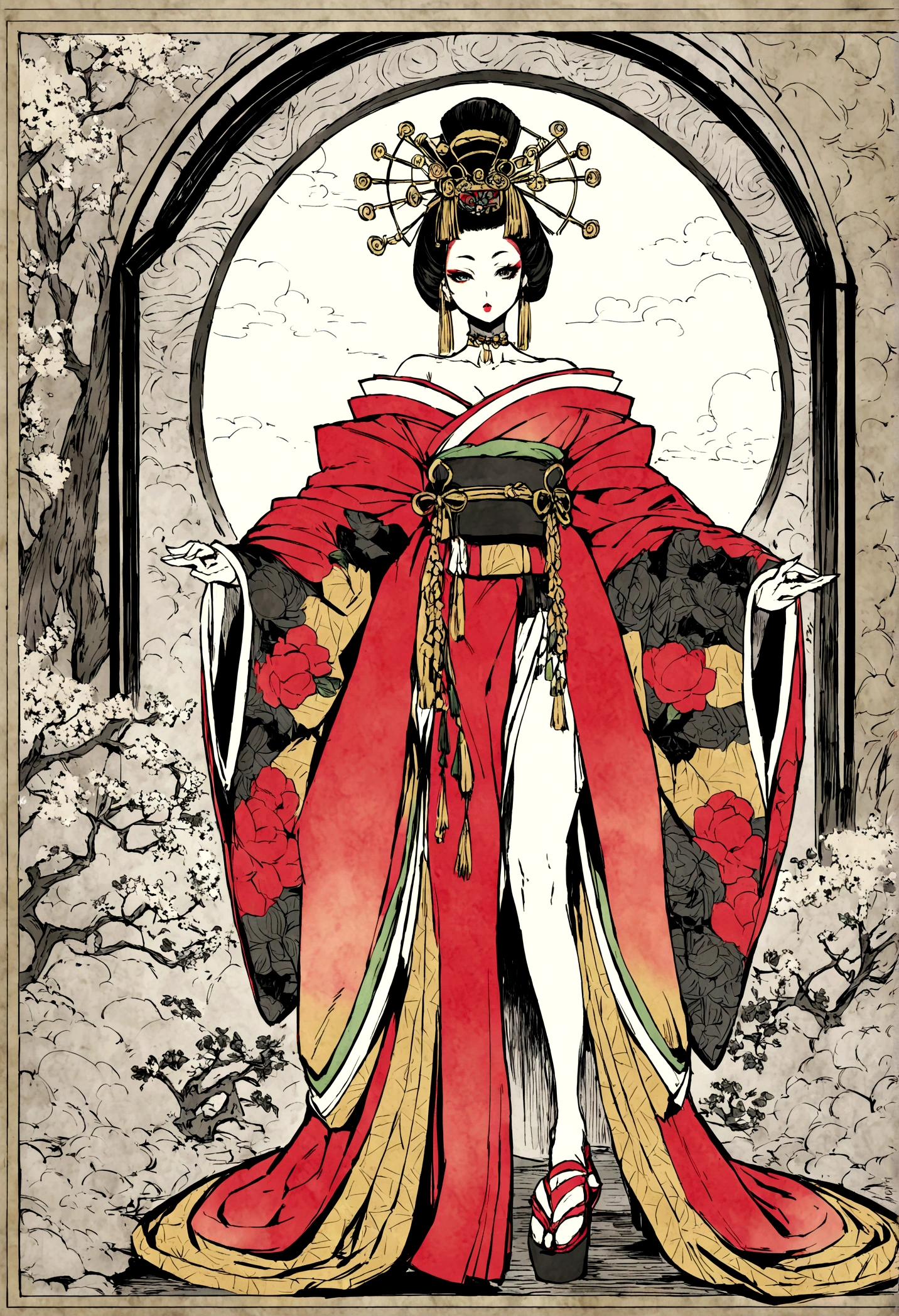 Adult women, Oiran, prostitute, makeup, whole body, kimono, kimono, compensate, eye shadow, Hairpin,