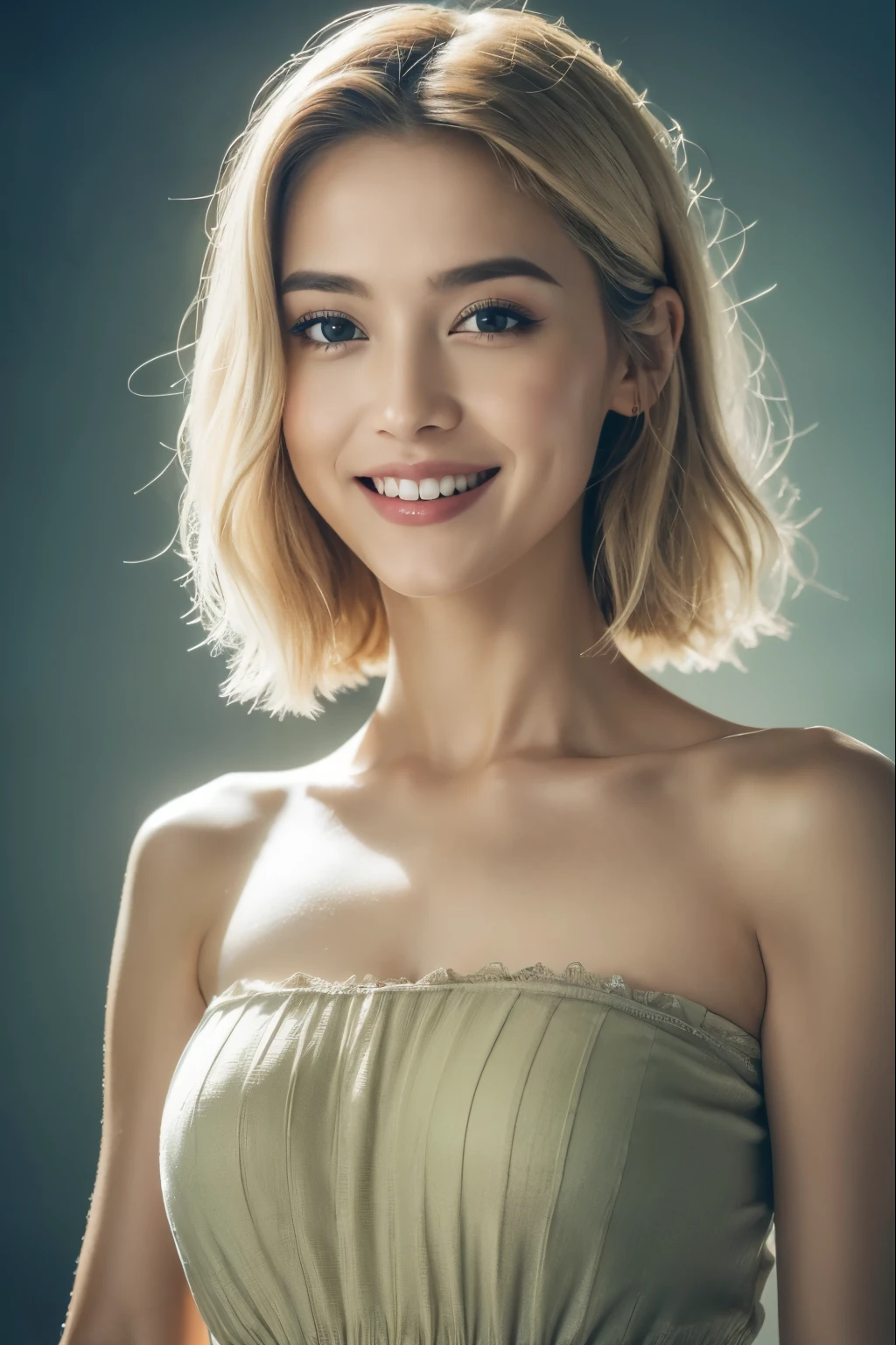 ((highest quality, 8k, masterpiece:1.3)), concentrated:1.2, Beautiful woman with perfect figure:1.4, Stick your butt out:1.2, ((Cut your hair in layers:1.2)), (Medium sized breasts),(Bandeau dress:1.5), Highly detailed face and skin texture, Detailed eyes, double eyelid，Whitening the skin，Long white hair,(Keep your mouth shut:1.3)，smile