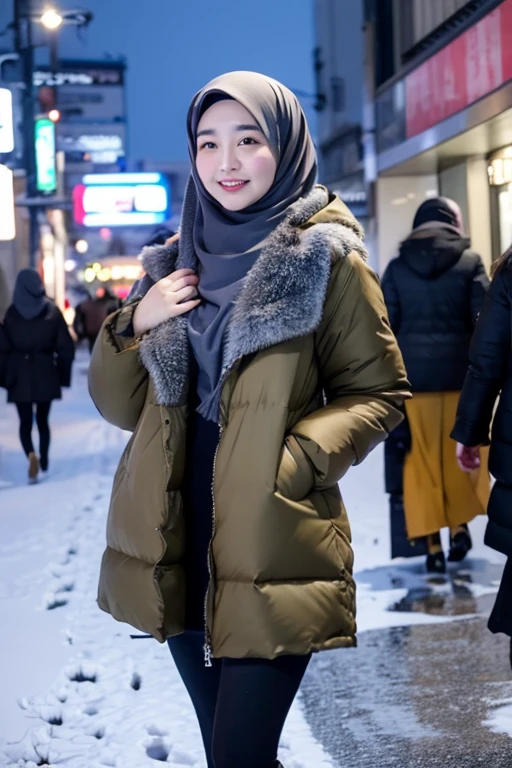 Best quality, 4K, 8K, Detailed faces,fully body photo, Clear face, Japanese muslim girl, 21 years old girl, Pasmina hijab, Redlip, Smilingly, perfect body figure, Long slim legs, Learing long down jacket with hood, snowy Tokyo landscape, the street