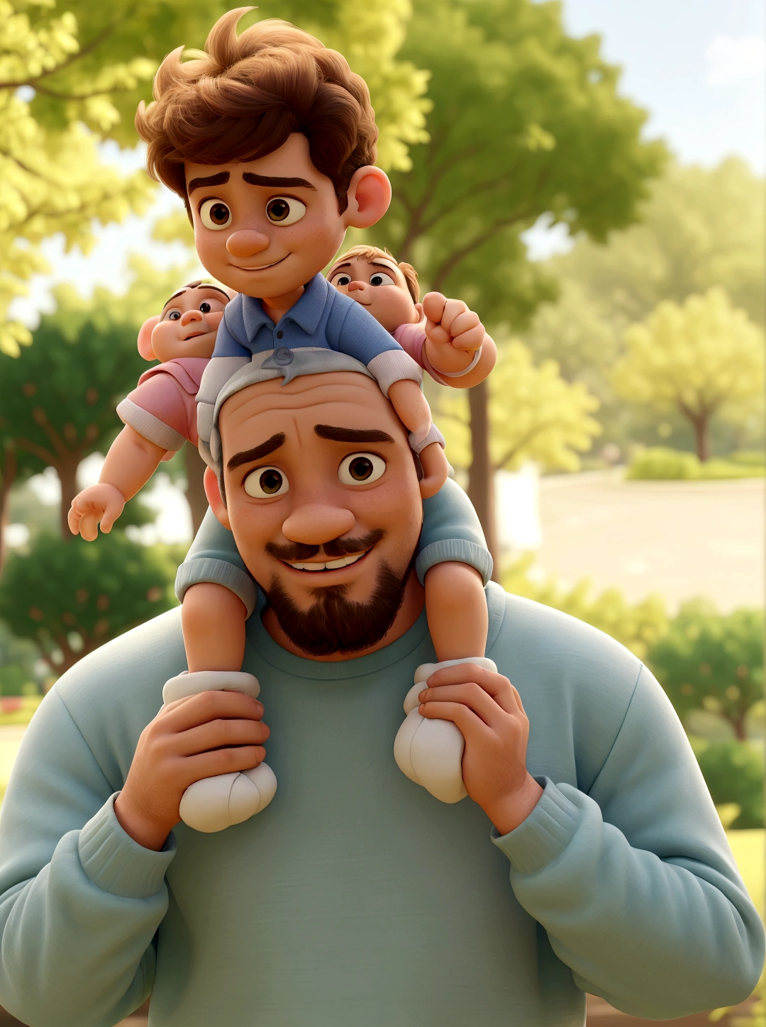 arafed man holding a on his shoulders in a park, father with, caring fatherly wide forehead, father has fade haircut, he is wearing light green sweatshirt, baby is wearing a pink collar shirt with blue shorts, baby wearing white shoes, father holding ???'s white shoes,, ??? is on fathers shoulder waving his both arms, ??? features are like a baby at the park, father, with a cute ???, daddy/fatherly, portrait image, on a sunny day, beautiful man, bright sunny day, celebrating, at the park on a beautiful day
