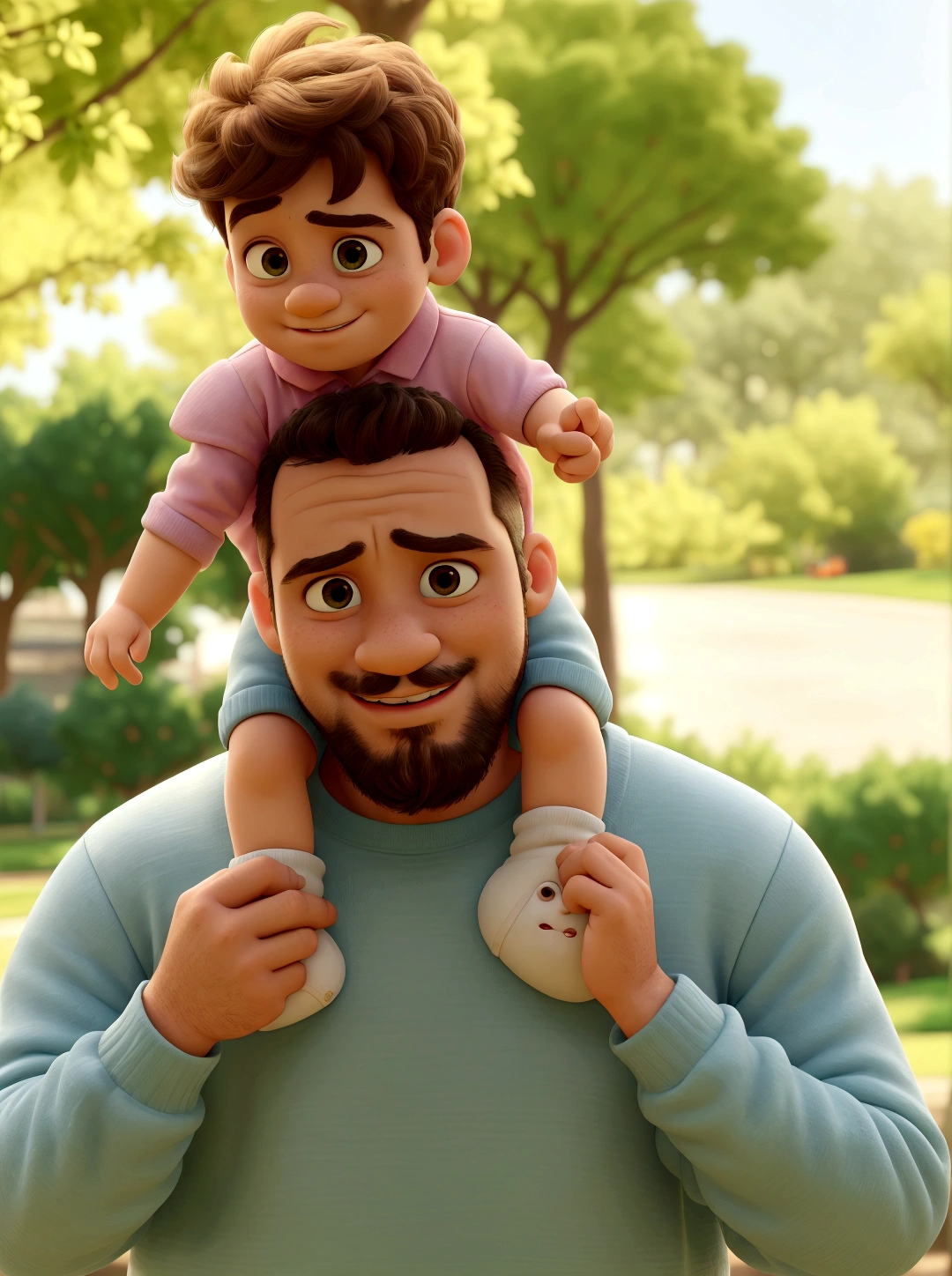 arafed man holding a on his shoulders in a park, father with, caring fatherly wide forehead, father has fade haircut, he is wearing light green sweatshirt, baby is wearing a pink collar shirt with blue shorts, baby wearing white shoes, father holding kid's white shoes,, kid is on fathers shoulder waving his both arms, kid features are like a baby at the park, father, with a cute kid, daddy/fatherly, portrait image, on a sunny day, beautiful man, bright sunny day, celebrating, at the park on a beautiful day