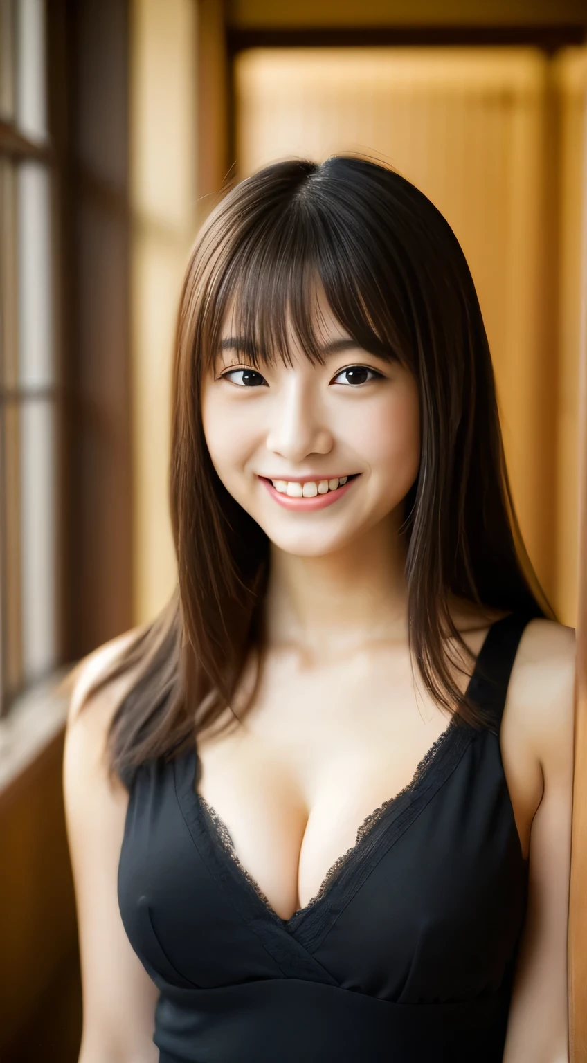masterpiece,best quality,(Japanese ),((Beautiful girl)),cleavage,indoor,(perfect body beauty:1.2),(shy smile),beautiful teeth,