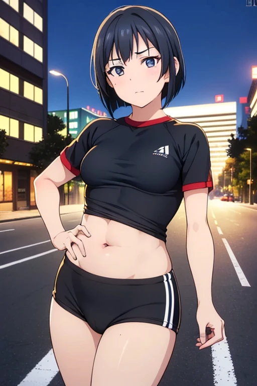 highest quality,NSFW,Tight athletics uniform,belly button,(((old and Mature Woman1.3,Shyness:2,Small breasts,night))),Red face,short hair,Black Hair,Outdoor,on the road,(Areola),downtown,crowded,Fat,wrinkle,Leaning forward,boyish