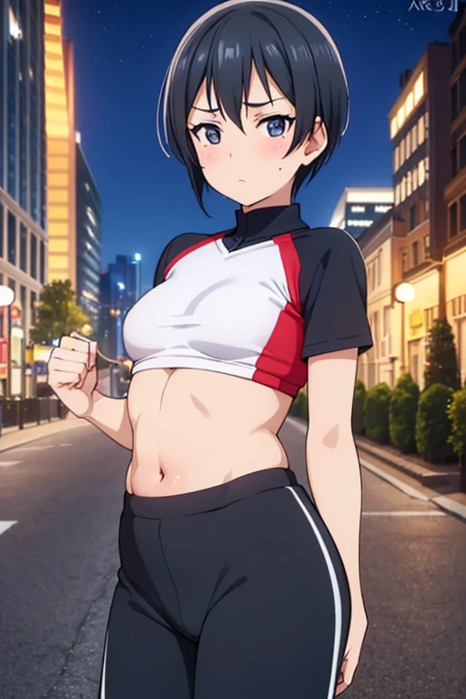 highest quality,NSFW,Tight athletics uniform,belly button,(((old and Mature Woman1.3,Shyness:2,Small breasts,night))),Red face,short hair,Black Hair,Outdoor,on the road,(??????),downtown,crowded,Fat,wrinkle,Leaning forward,boyish