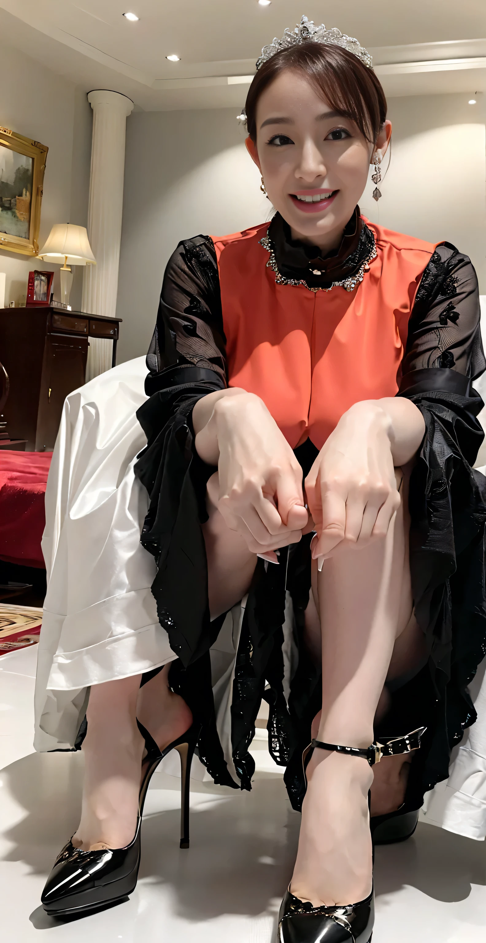 (((highest quality, Tabletop, 超A high resolution、The most complex and detailed depiction、Award-winning, 8k、Bright and vivid、RAW quality)))、(1. Beautiful maid、(Gorgeous Victorian Maid Dress、A gorgeous long-skirted black and white maid outfit、Huge white and black maid outfit、Black and white maid outfit、Black and white maid outfit、With ruffles、Big apron and black and white maid outfit)、((The background is a luxurious royal VIP room.、Black and Gold Gothic Royal、Luxury Bed、Huge bed、Complete interior of a luxurious royal bedroom、dress with jewels、Bejeweled dresses、Extravagance beyond imagination、Inside the Royal Palace、 A room decorated with many ornaments,、Glamorous decoration、Bright light、Lavish décor、Beautiful canopy、Huge canopy、luxurious and intricate canopy bed、Highly intricate and detailed background、Highly intricate and detailed textures))、(Look at me and smile、The happiest smile、Accentuate your body lines)、(Her breasts are bigger than her face:1.95),((Extremely precise and accurate anatomy))、 (((Always have two armust have two legs)))、(((Full body to toes)))、(((Black high heels)))