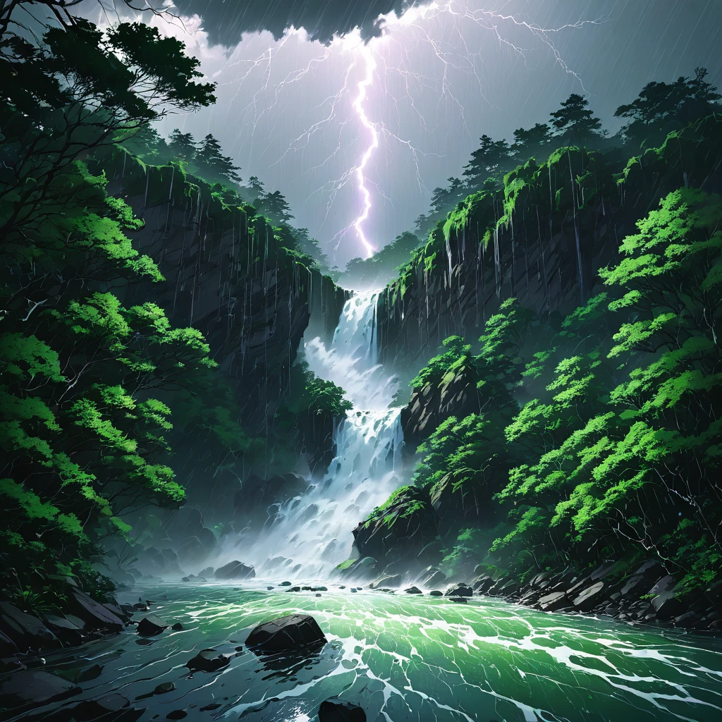 heavy rain, Heavy Rain, downpour, thunder, thunder鳴, lightning, Light, Splash, Water Drop, river, Rising waters, Turbidity flow, waterfall, Roar, forest, wood々, green, Wind, storm, null, cloud, grey, darkness, Powerful, dynamic, nature, energy, fear, awe,beautiful アニメのWind景, Wind景画, Beautiful digital painting, Andreas Rocha, Beautiful artwork illustration, Awesome Wallpapers, Raymond Han, Tall beautiful paintings, Studio Greeble Makoto Shinkai, Beautiful Wallpapers, アニメのWind景