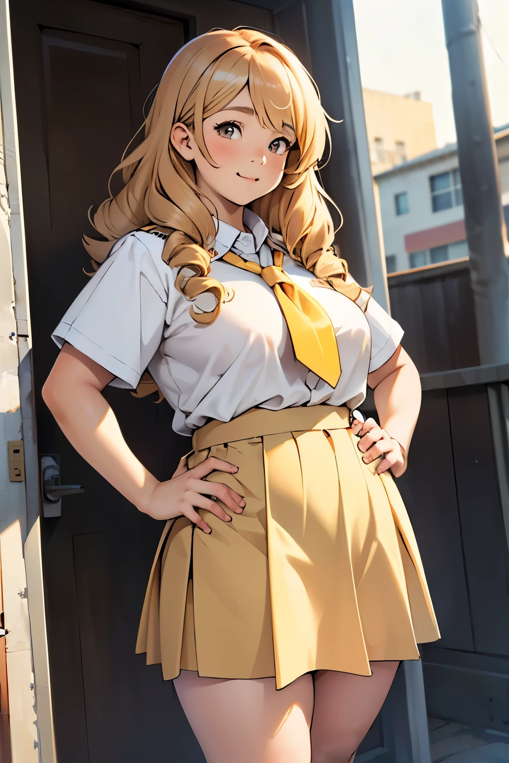A young girl, chubby body, Chubby face with long, voluminous and curly peach blonde hair, and redbrown eyes wearing a prepschool uniform, cute teenage girl,cute girl, teenage girl, 12 years old girl, perfect hands
