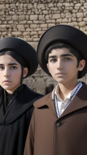 a group of young Haredim people in front of a village, focus on the face