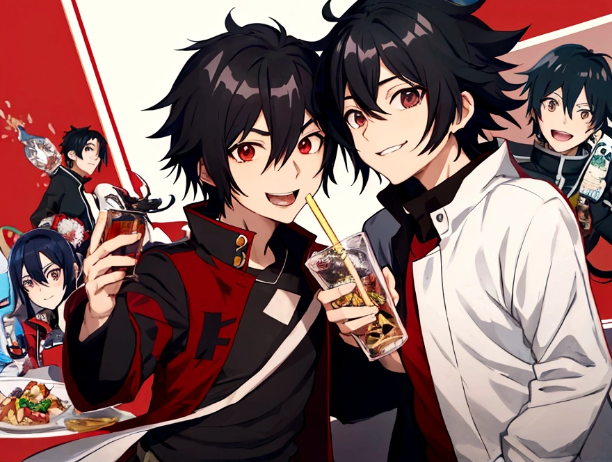 Anime boy with black hair and a red jacket smiling at the camera, Okikata Kazuto, [[[[gAlsoning evily]]]], Eat and drink, Hiro, ( ( ( yoshinari yoh ) ) ), Gurren Lagann, nobutaka ike, Kirito, inspired by Okumura Masanobu, Also, Avatar Image