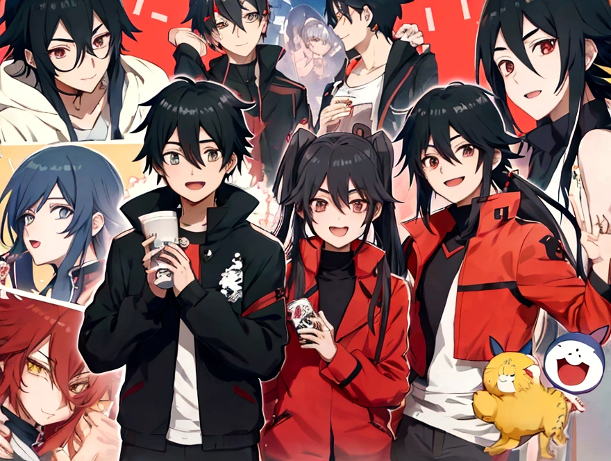 Anime boy with black hair and a red jacket smiling at the camera, Okikata Kazuto, [[[[gAlsoning evily]]]], Eat and drink, Hiro, ( ( ( yoshinari yoh ) ) ), Gurren Lagann, nobutaka ike, Kirito, inspired by Okumura Masanobu, Also, Avatar Image