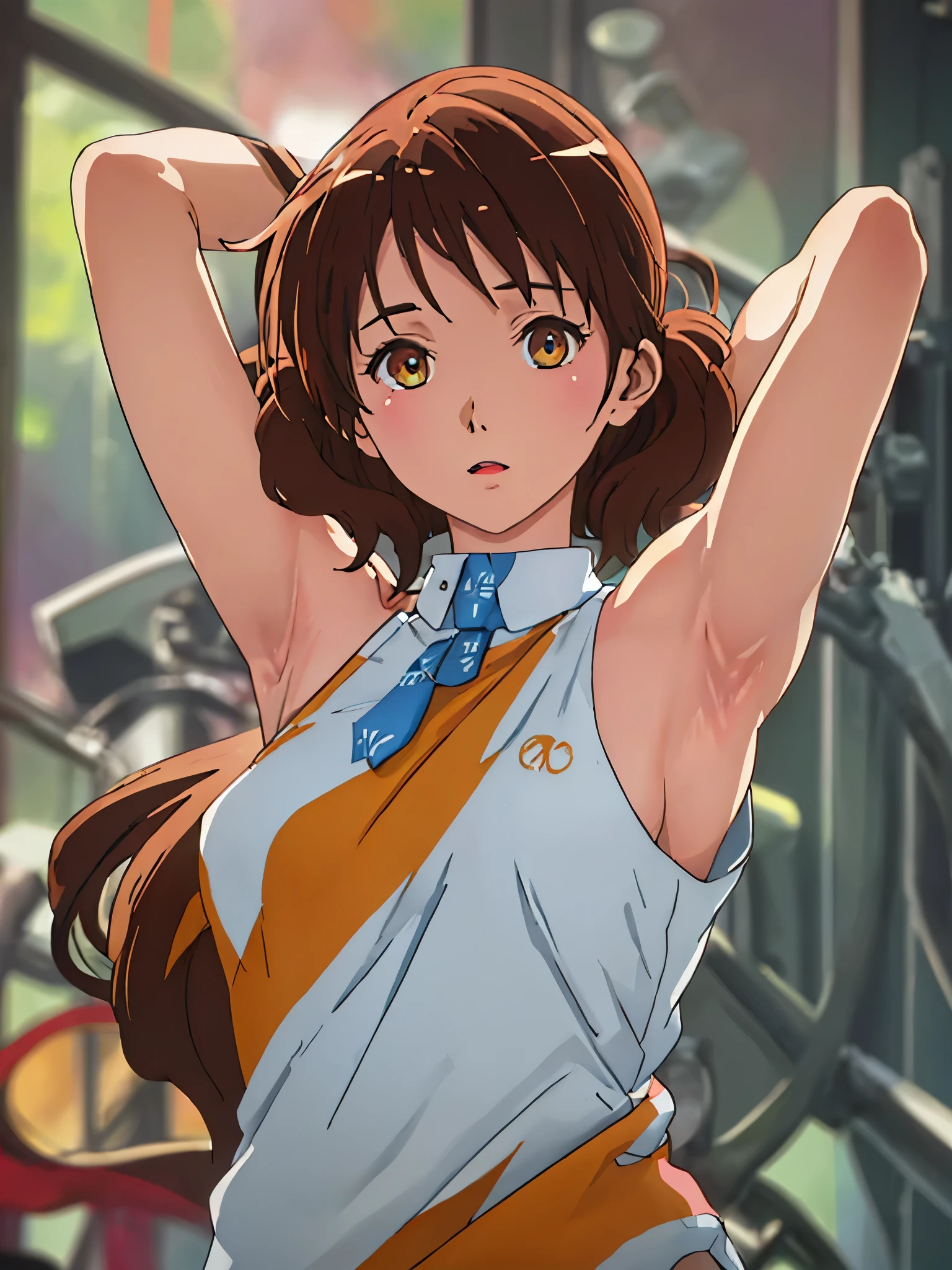 Armpit Show,highest quality, masterpiece, High resolution,No sleeve,Looking at the audience,