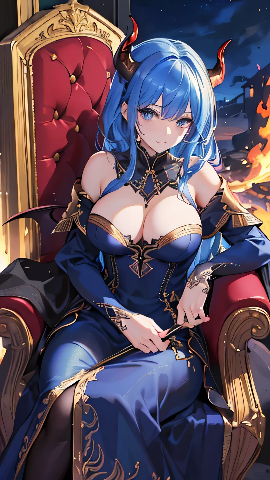 ((best quality)), ((masterpiece)), (detailed), perfect detailed eyes, perfect detailed face, ultra-detailed nose, beauty, cowboy shot, blue hair, devil, demon, adult lady, sexy, dark dress, gold embroidery, night, fires, flame, around fire, throne, dark fantasy