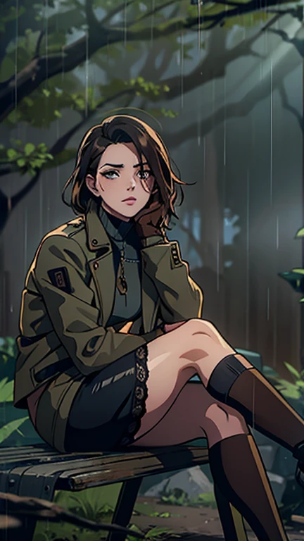 8k, ultra-detailed, grainy film photo, masterpiece,muted colors, muffled light, dusk, rainy, moody, noir, woman in forest, elegant sitting, elegant pose, vulnerability, short stockings with garters, light turtleneck sweater, pencil skirt, faded detailed biker leather jacket, beautiful brunette hair, depraved, asian, tattoo, makeup, beige, brown, red, gloves