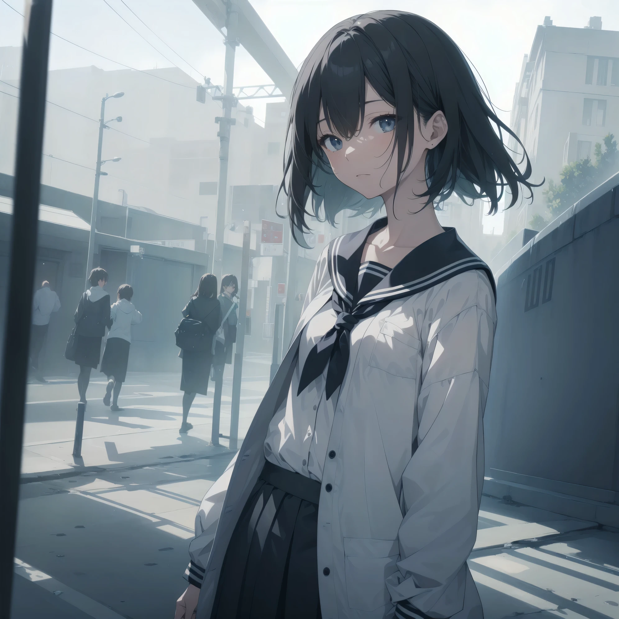 ultra-absurdres-Top quality by artist God, ultra-detailed, high resolution, anime moe artstyle, best anime 8k konachan wallpaper, pixiv contest winner, pool:2810, perfect anatomy,break, 1girl, (Please draw a girl walking sleepily to school alone. )break,(Solo,little female, 13-year-old:1.3),Full limbs, complete fingers,a junior high school student, (very short hair), short cut, flat chest, , small butt, small black eyes, beautiful detailed eyes, well-proportioned iris and pupils, expressive eyes, highres detailed hair, soft expression, salor school_uniform, sailor collar, serahuku, bow, pleated skirt,(Detailed Lighting), (Detailed background), in the School commute route. break,super detailed skin, Best cinematic lighting powered by famous artist, 8k,beauty illustration,photoshop_(medium),very aesthetic,break,((artist:neocoill )), artist:clamp ,artist:carnelian ,artist:kantoku ,