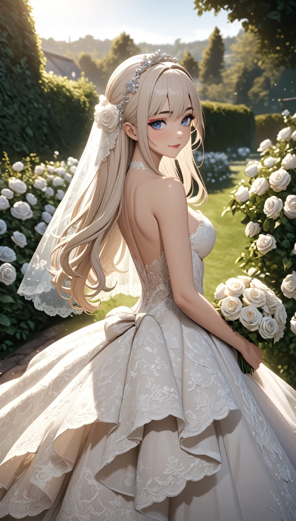 (masterpiece, best quality, beautiful and aesthetic:1.3), look back, looking at viewer, 1girl, solo, light smile, (makeup, long hair, light beige hair, blue eyes:1.2), Octane Render, bridal veil, lace-trimmed dress, see-through, wedding dress, outdoors, white roses, garden, morning, standing, extreme detailed, portrait