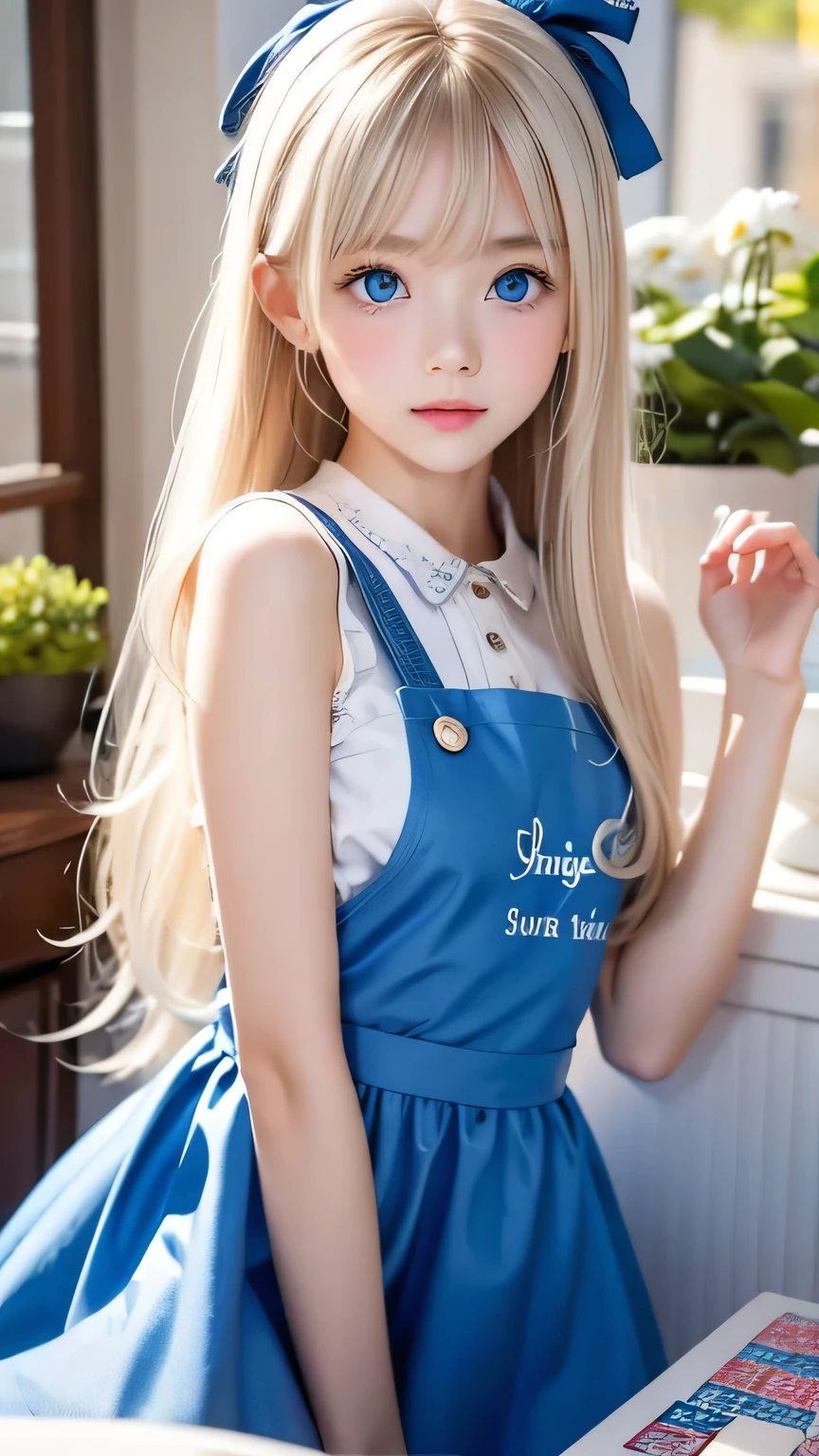 highest quality、Ultra-high resolution、photograph、Cute girl photograph、Detailed cute and beautiful face、(Pure Eros Face_v1:0.008)、Alice in Wonderland、14 years old、White, shiny skin、Platinum blonde super long straight hair、Beautiful big blue eyes、bangs、White Apron、Blue Dress、Background with playing cards pattern、No makeup