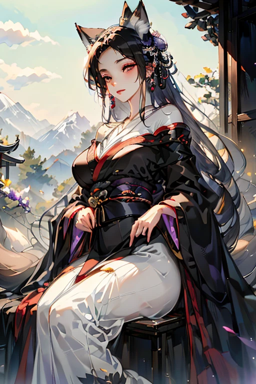 A black haired fox woman with violet eyes with an hourglass figure and black fox ears and a black fox tail in a pretty kimono is holding a black fox on the mountain while sitting down with a smile
