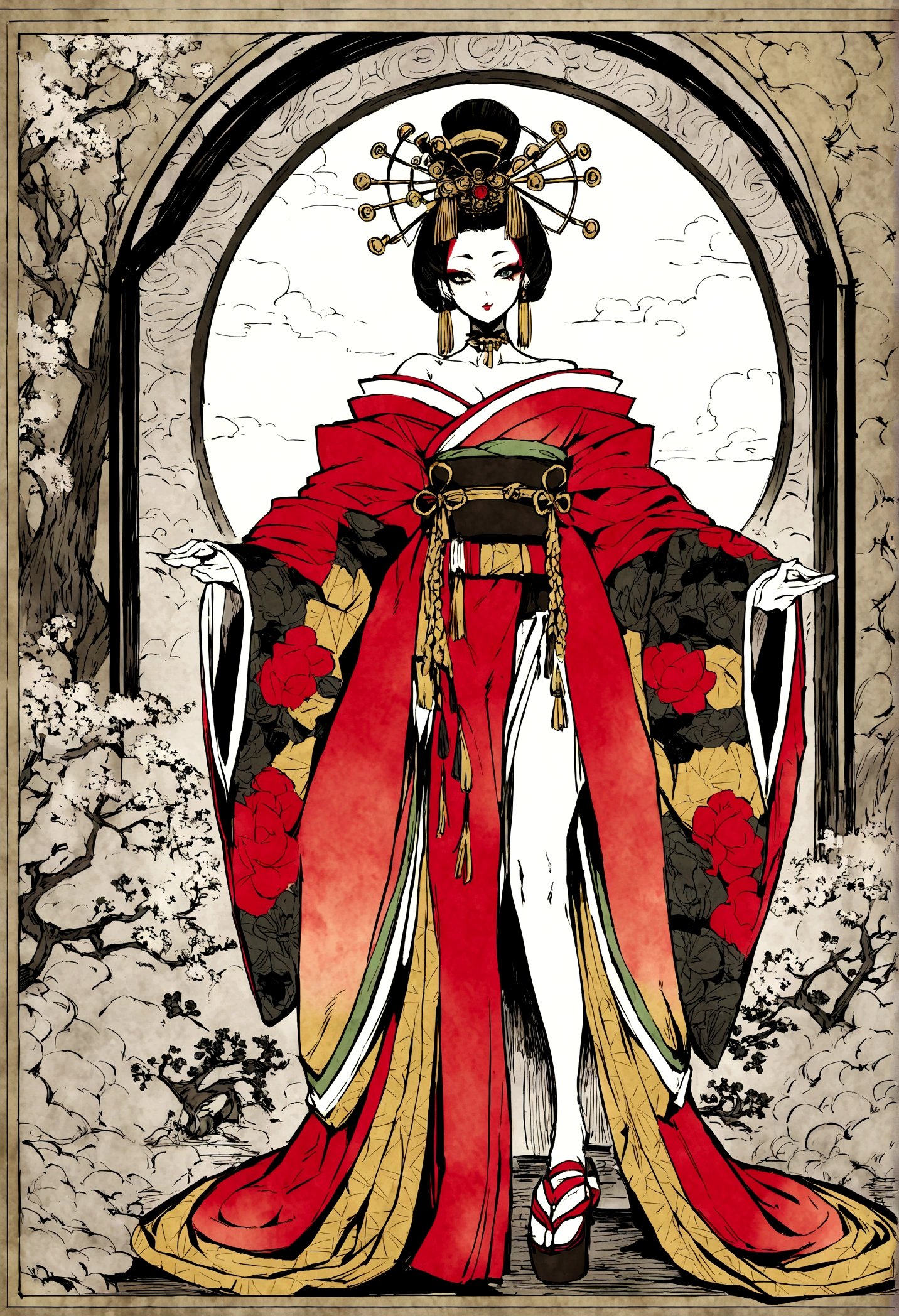 Adult women, Oiran, prostitute, makeup, whole body, kimono, kimono, compensate, eye shadow, Hairpin, Smoke pipe in right hand, chimney,