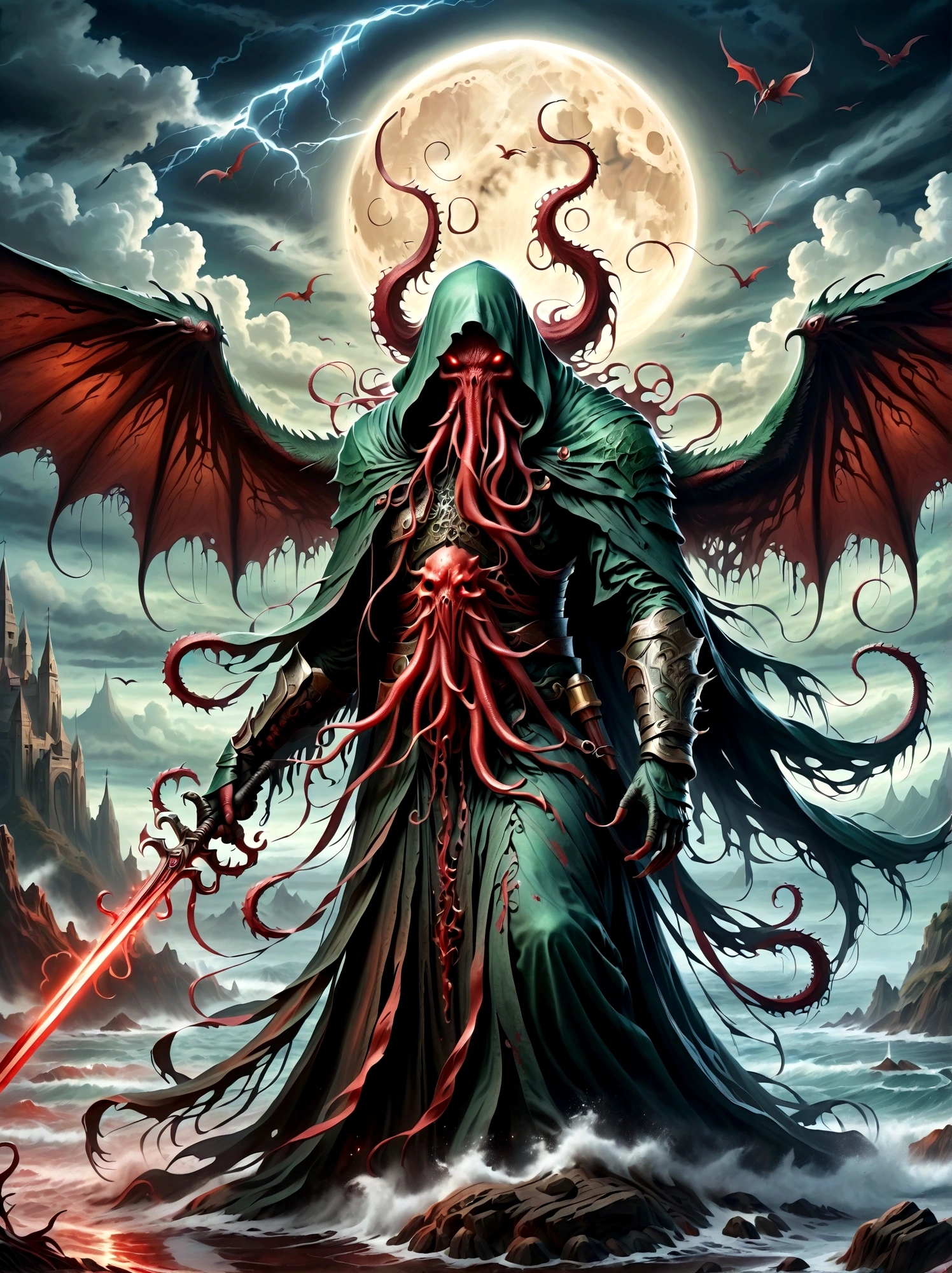 Bloody Cthulhu is extremely scary and weird,Cthulhu with sword,Mysterious Manzhu Shahua,hell门口盛开的血色鬼花,Blood-red tentacles guide the souls of the past,charm,Flirtatious,Strange,Gothic style,hell,Fantastic Creatures,Devilish scenery,Unforgettable environment,hell般的气氛,Wonderful lighting,Vibrant colors,Surrealism,Distorted anatomy,Nightmare Creatures,Glowing eyes,Strange形状