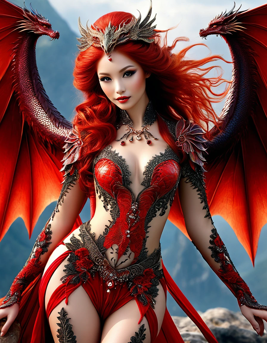 masterpiece, Photorealistic raw medieval city background with high quality details, Best Quality, volumetric lighting, volumetric shadows (1 woman) in fiery red with scale armor , White skin, perfect body, big breasts, big hips, small waist, (hull), claws, dragon wings, Reflective armor