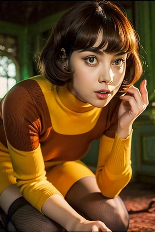 Legs raised, ((( visible vagina))), masterpiece, best quality, ultra-detailed, ultra-HD, photorealistic, cinematic, close-up camera shot, sensual pose, alluring and voluptuous female as Velma Dinkley:1.2, perfect anatomy, perfect face, proportioned hands, deep shade of auburn with a slight natural wave hair color, chin-length bob with blunt bangs hairstyle:1.3, retro-chic style outfit, knee-length and orange turtleneck, short pleaded red mini skirt, thick-framed black square glasses, wears knee-high mustard-yellow socks, sensible lace-up shoes, she has a small magnifying glass, in a haunted house, creepy house, creepy mansion