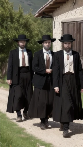 a group of young Haredi people in front of a village, focus on the face
