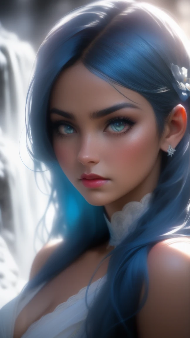 close up of a european woman, blue hair, winter waterfall, natural skin texture, very detailed skin texture, tanned skin, 24mm, 4k textures, soft cinematic light, RAW photo, photorealism, photorealistic, intricate, elegant, highly detailed, sharp focus, ((((cinematic look)))), soothing tones, insane details, intricate details, hyperdetailed, low contrast, soft cinematic light, dim colors, exposure blend, hdr, faded, full_body