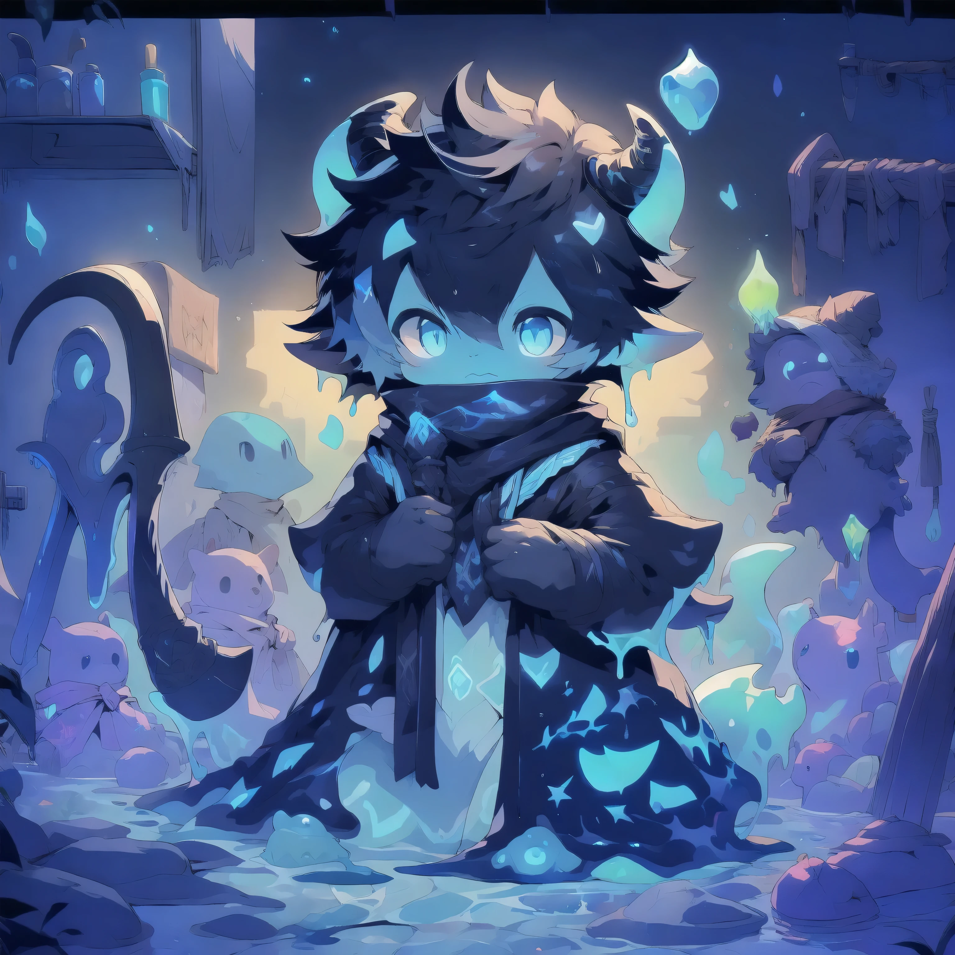 shadowing, tmasterpiece, HighestQuali, gentle illumination, Complicated details, Soft lines, Sharp focus, Mermaid Boy, Shota, tentaculata, goopy, dissolve, MuCoi, slime skin, semi transparent, Translucent body, Short liquid hair, slime, goo, goo, More tentacles, Water skin, goo, goo body, Short blue-black hair, Fluorescent blue pickaxe staining, Luminescent tattoo, liquid state, Liquid skin, Liquid body, indoor, Modern Bathroom, potted, water elemental, cloaks, Scarf, light yarn, rays of moonlight, glowworm, Starry sky, stars, exhilarated, Luminous pattern, adventurer, mage, 16k