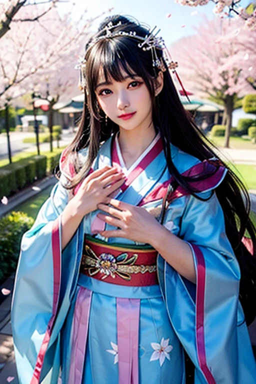 goddess 12unlined kimono The color is lustrous upright Joining hands in prayer looking at the camera Background is cherry blossoms Front view tiara Upper Body big