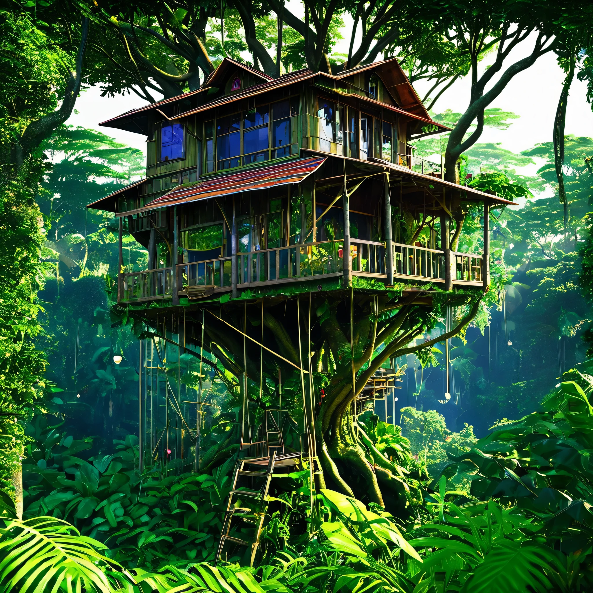 (PiroxiumDiffusion style:0.5), Beautiful jungle tree house,cinematic, (masterpiece),vibrant