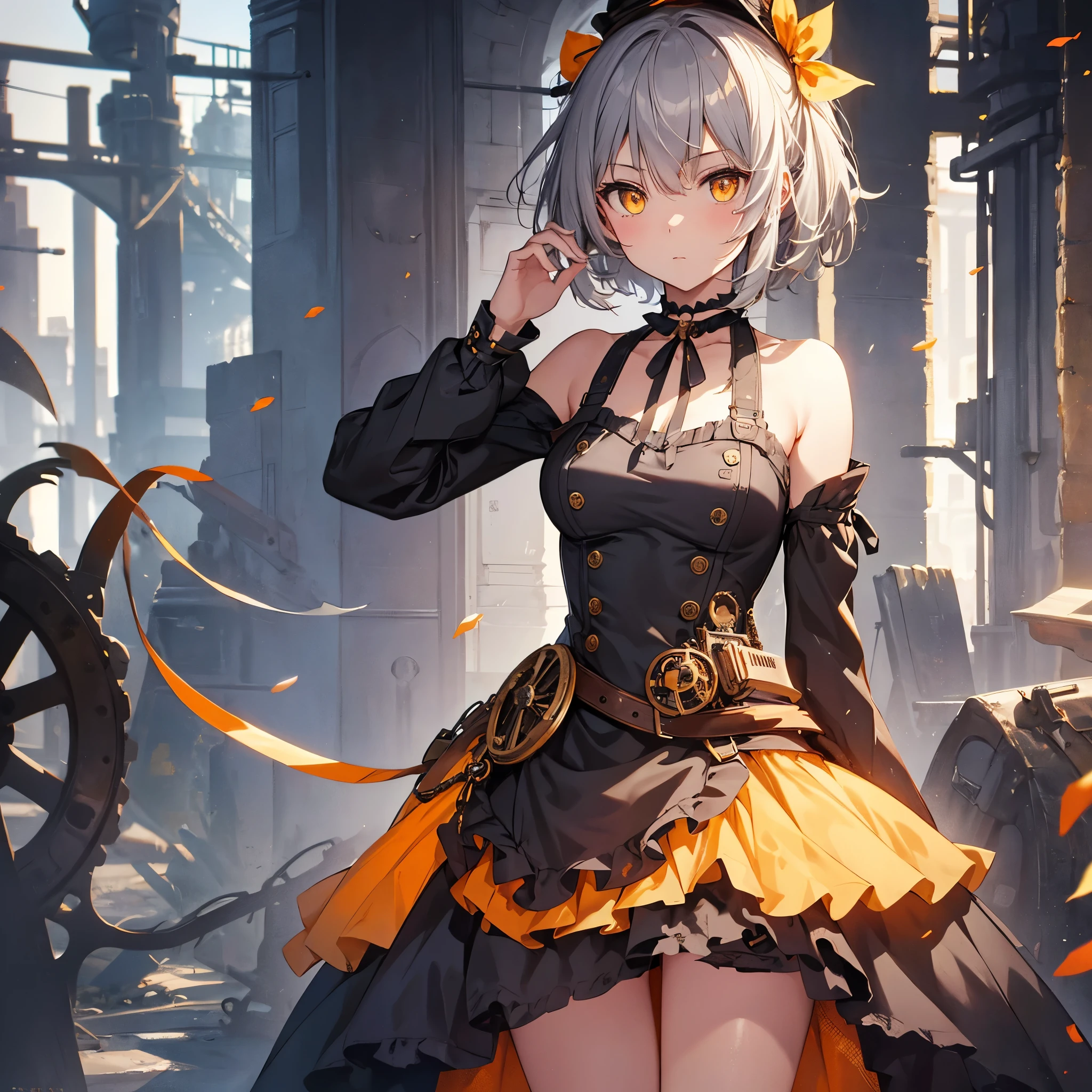 masterpiece, highest quality, Perfect Face, Highest Resolution, Highest quality,Detailed depiction of the eyes, 1 girl, young, slender body, Short, deep tan skin, slate gray hair, short  hair, upturned eyes, Yellow Orange eyes, Perfect Anatomy, steampunk, 19th century, ribbon choker, steampunk風の衣装, Town
