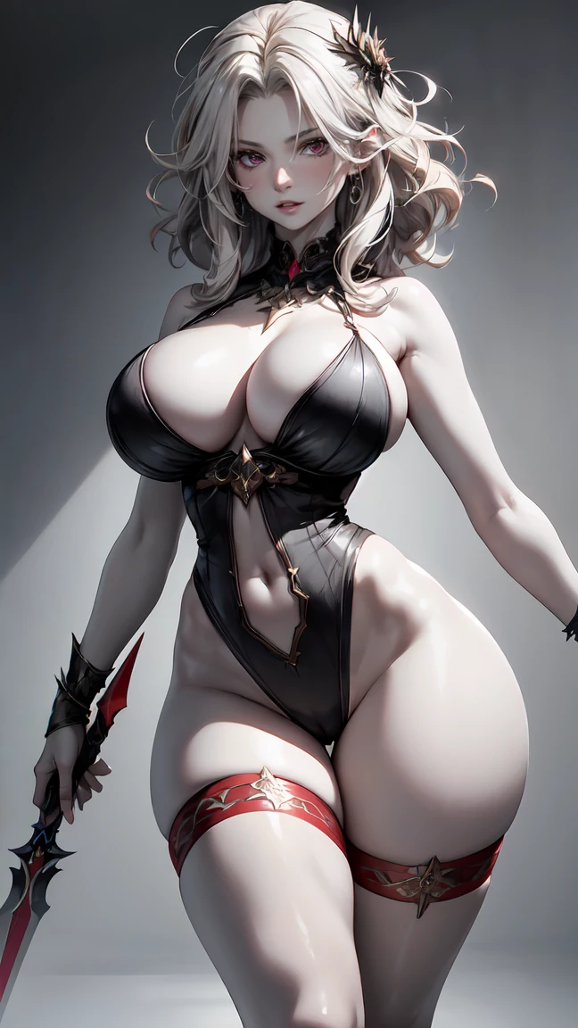 (masterpiece, best quality, perfect face, (beautiful and aesthetic:1.2), extremely detailed, highest detailed face), (beautiful dark elf warrior, (messy hair:1.4), (red eyes:1.2), (flawless pale skin:1.3), (gray skin color:1.6), fake breasts, (narrow waist), (thick thighs), wide hips, long legs, (slender body:1.2), (wields enchanted daggers:1.2), ((very skimpy outfit)), ((dark fantasy backgeound)), (high quality, hyperrealistic, CG, unity, 4k),
