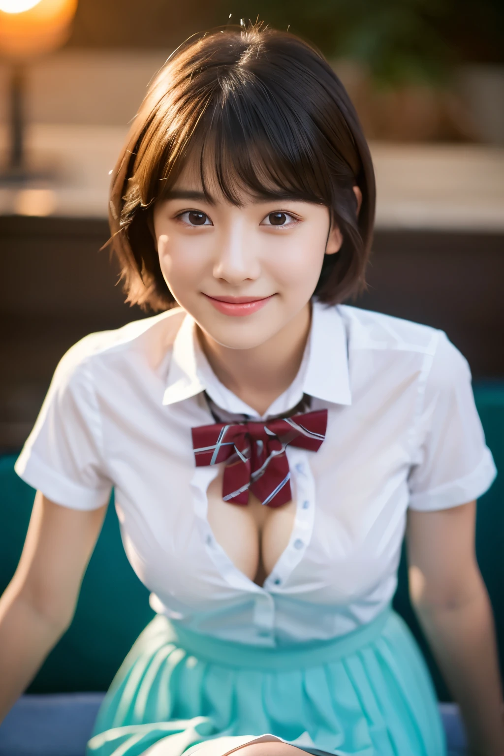 (8K, RAW photo, highest quality, masterpiece:1.2), (realistic, photo-realistic:1.37), super detailed,
1 girl,cute, alone,beautiful and detailed sky,Detailed cafe,night,sitting,date,(blush your nose),(smile:1.1),(closed mouth),big breasts, seductive smile, large aparture, professional lighting, Sony α7R4, Zessie 50mm F1.8,
medium breasts,beautiful and fine eyes,(collared shirt:1.1), bow tie,pleated skirt,(short hair:1.2),floating hair 