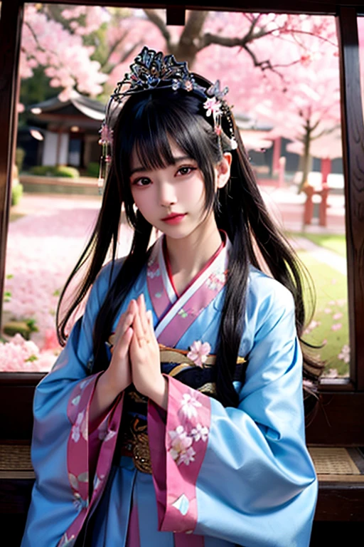 goddess 12unlined kimono The color is lustrous upright Joining hands in prayer looking at the camera Background is cherry blossoms Front view tiara Upper Body big
