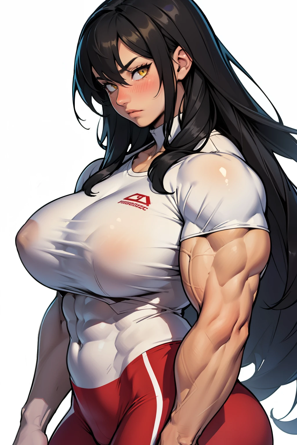 ((((girl muscular thick)))) pale skin black hair yellow eyes huge breasts toned body embarrassed blush long hair tight shirt super detailed high details high quality best quality