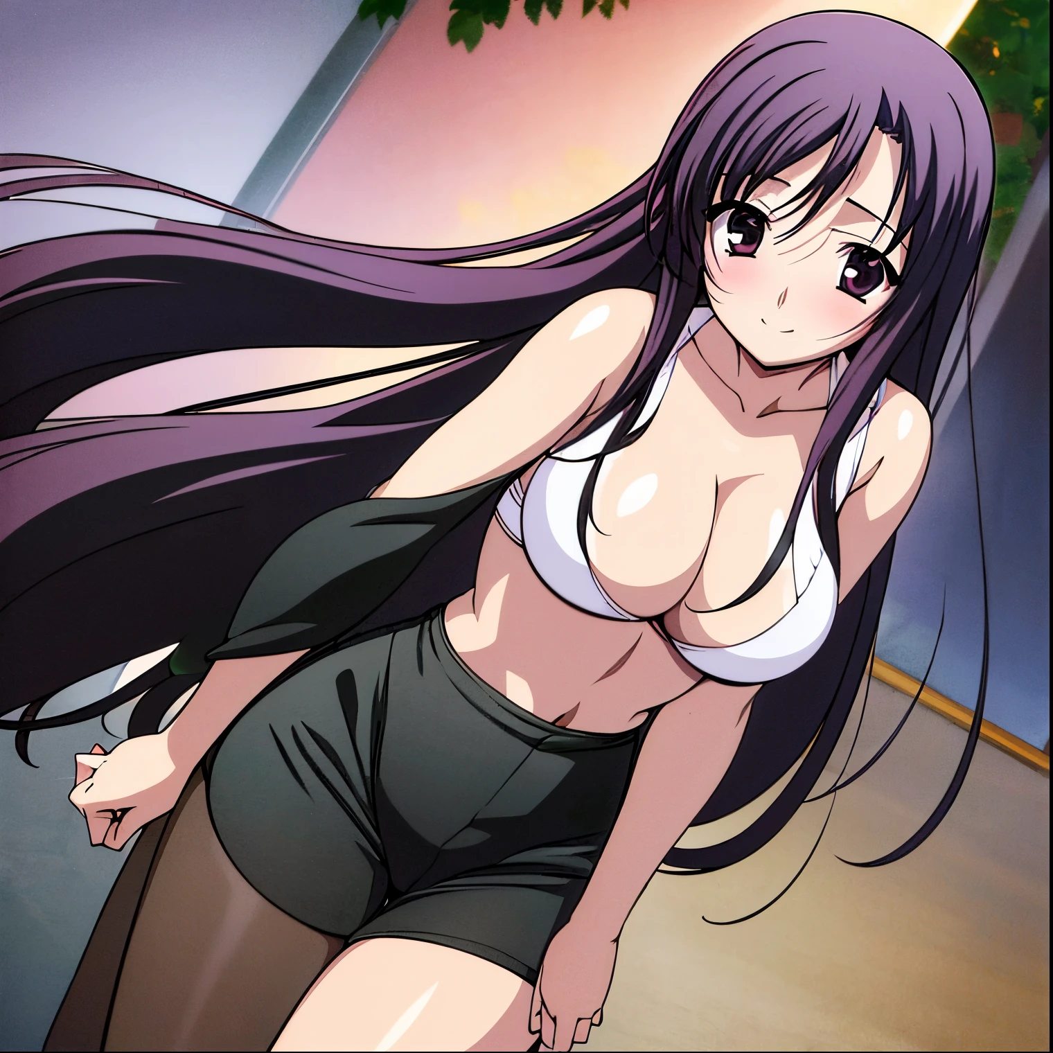 1girl,alone,kotonoha katsura,masterpiece,illustration,best aesthetics,best quality,wide field of view,full body,detailed,ultra detailed,extremely delicate and beautiful,meticulous details,good composition,integrated scenery,integrated background,alone, big eyes, soft shadow, soft blur, sharp focus, character is centered, dynamic pose, cowboy photo, official art, alone, looking at viewer, head on, focus on breasts, pov, thighs, eyes shiny, curvy body, shiny skin, blush, incredibly beautiful, smile, 1girl, beautiful face, {{big breasts}}, beautiful detailed eyes, breasts, big breasts, big breasts, medium waist, wide hips, wide thighs, round butt , long black hair, black eyes, parted bangs, tank top dark purple, tight shirt, cleavage, bare waist, denim shorts, tight shorts, bare legs, dark purple shoes, pretty hands, perfect hands, perfect anatomy, embarrassed, white skin, smile, (big breasts), (maiden's body) ), chichibukuro, 1 girl, alone, dynamic pose, exterior, city, street, cityscape, standing, blushing, long hair, curtains, (hand between legs), between legs, white langery, cleavage, black zapari, leavage, smile, blush, hot,