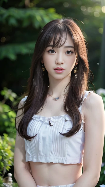 ((Masterpiece)), 8k, Masterpiece, Highest Quality, 1 Girl, Solo, Realistic, Garden, Photorealistic, Super Detailed, Detailed Background, (Solo: 1.4), Happy Expression, Slender Body, Realistic Highly detailed long hair, intricate details, masterpiece, top quality, waist shot, (flowery garden background)), smile, ((looking at camera)), earrings, long straight hair, asymmetrical bangs, natural chest ,