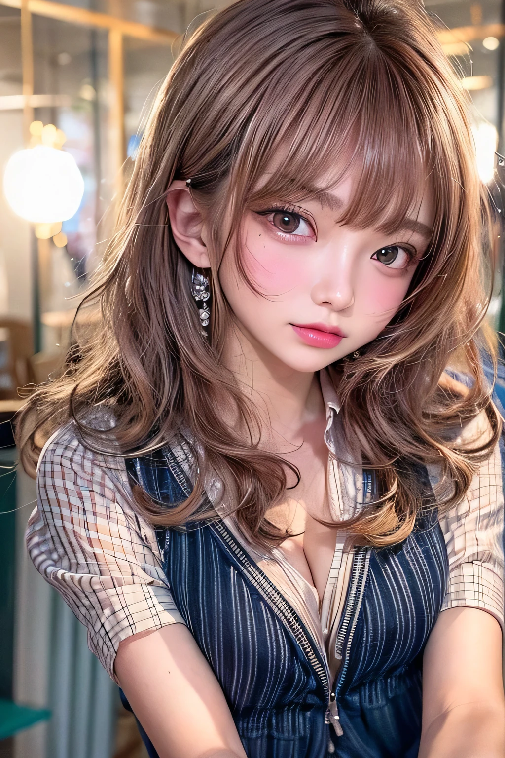 masterpiece, 1 Beautiful girl, Fine grain, highest quality, Ultra High resolution, (reality: 1.4), Cinema Lighting, Beautiful Skin, (Ultra-realistic), (High resolution), (8k), (Very detailed), ( Best illustrations), Pouting slightly, (Crystal colorful lights), Extremely refined and beautiful, beautiful detailed eyes, Round eyes, detailed facial features, (Round pupils:1.4), (alluring face), Glistening Lips, blush, (medium breasts:1.3), Open lips, (Beautiful and detailed face, Beautiful and delicate eyes), pink cheek, mascara, brown hair, short hair, (lower body:1.3), school, foot, navy blazer, navy pleated skirt, , (chubby thighs:1.1), feet, legs, standing, open chest, navel, Exposed thighs, show off thighs, cleavage,