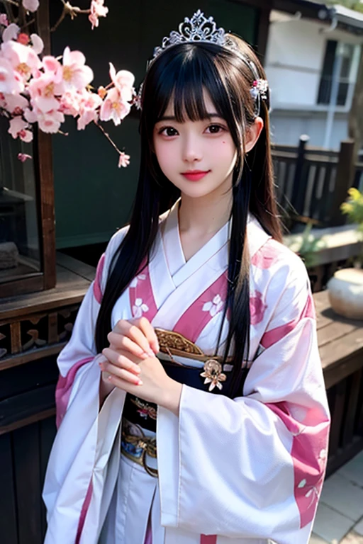 goddess　１２unlined kimono　The color is lustrous　upright　Joining hands in prayer　looking at the camera　Background is cherry blossoms　Front view　　tiara　Upper Body　big