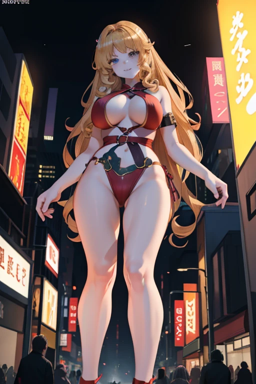 Giant Girl 50,000 feet high,Have a pair of long legs,Have a pair of huge breasts,Wearing a red bikini,Waist-length blonde hair,Loose hair,Wear a pair of Mary Janes,Blonde curly hair,Full of enjoyment,Standing firm in a crowded city, Vandalism,It seems to be an invincible existence,Beautiful appearance,Exquisite makeup,quality,8K,高quality,(Governor:1.5),Perfect proportion, theater lighting,Film Grain,Fuji Colors,8K,Textured Skin,Super Detail,High Detail,high quality,high resolution,thunderclap,Fake laugh,Blood,脚底有Blood,night,Obesity