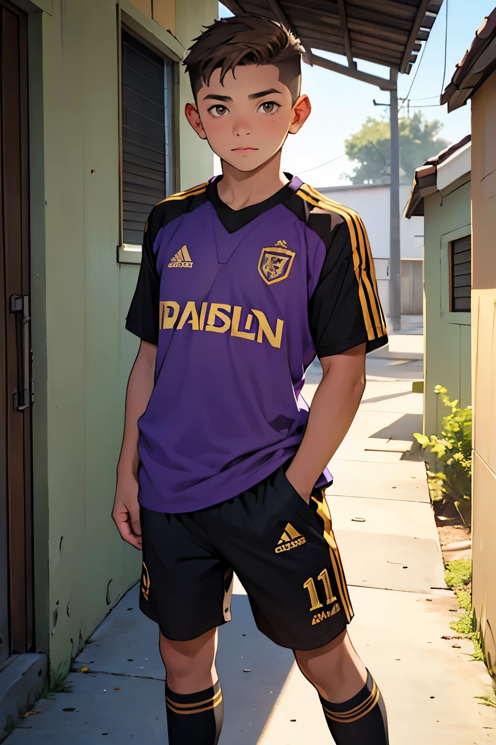 a young cute boy, 12 years old boy, brown eyes em and short undercut light brown hair, dressing a purple and gold soccer team shirt and black shorts