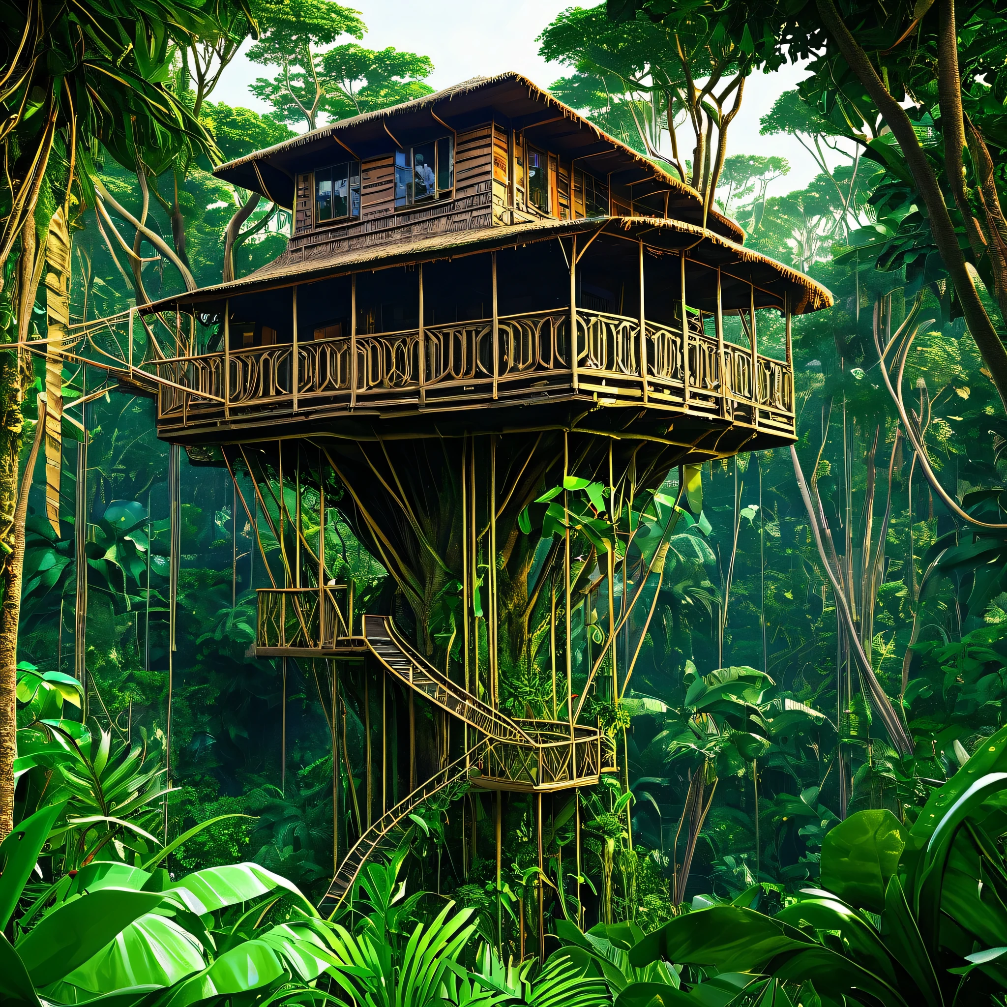 (PiroxiumDiffusion style:0.5), Beautiful jungle tree house,cinematic, (masterpiece),vibrant