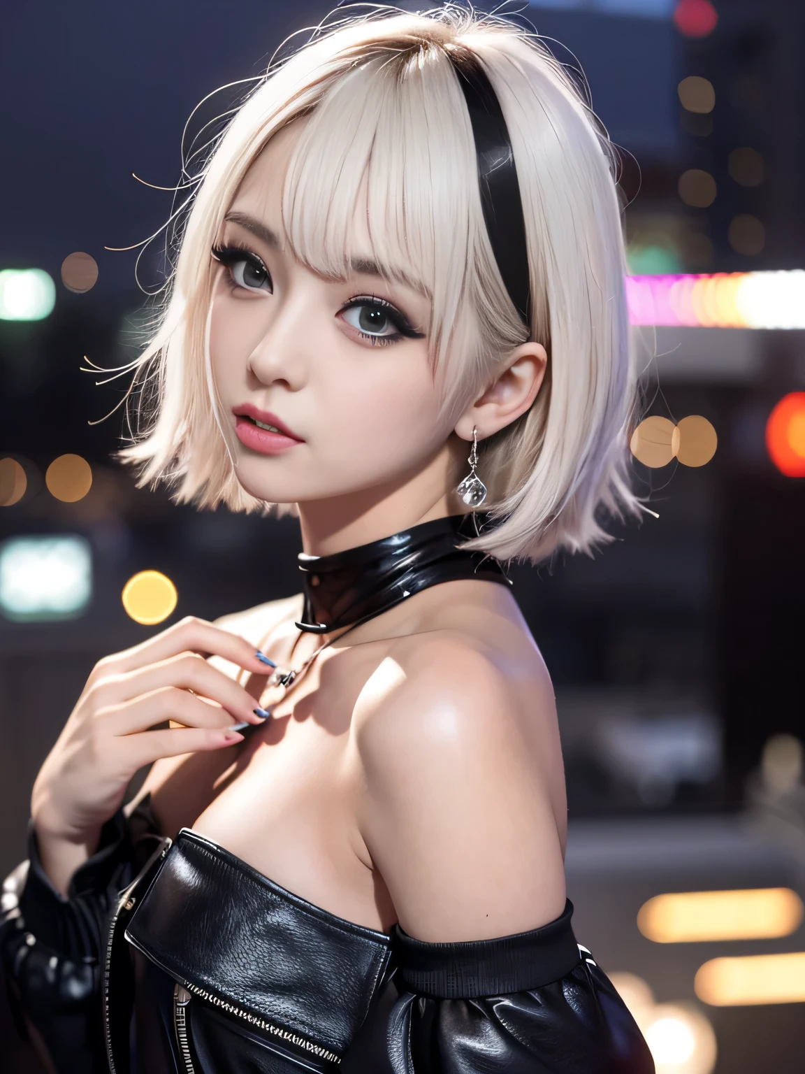 ((Rooftop of a building: 1,3)), ((Goth_punk, alone, Medium Shot, Walking the rooftops of Harajuku, ((night)), Blur, Neon Light, Rainbow Eyes, Starry Sky, Shiny black hair, White eyebrows, Shiny Hair, (Rainbow black hair), Earring, good, jewelry, Blunt bangs, Busy eyes, Background Blur, Blur, hair ornaments, sight, short hair, Portraiture, Side Lock break ((Swedish girl, White skin, White)),((Women's work suits:1.3)), break (Gal: 1. 1),(Glamour: 1. 3),(night),(Supermodel: 1.3)),break ((earring, ring)), Cowboy Shot,((Tall people)),((Android)),((Look Up)),((Top Angle:1. 3)), From above, looking at the camera,((Event Companion)),((Thin see -through)) Tight-fitting underwear with straps))