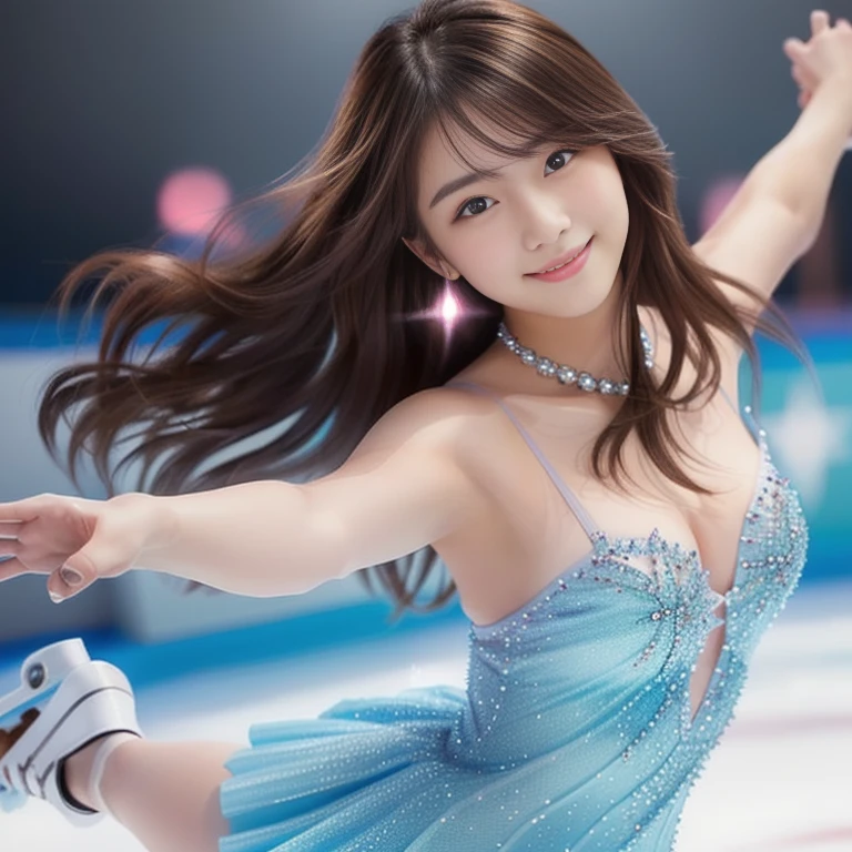 Photo-realistic quality、20-year-old skater skating on an ice rink in a light gray-blue dress, Ice Princess,  Elegant girl, Beautiful Japanese female model, leotard、Neat and cute girl、looking at the camera、Detailed and beautiful eyes、Cute smile、A soft and gentle look、Large Breasts