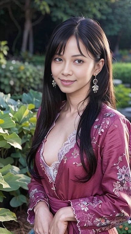 ((Masterpiece)), 8k, Masterpiece, Highest Quality, 1 Girl, Solo, Realistic, Garden, Photorealistic, Super Detailed, Detailed Background, (Solo: 1.4), Happy Expression, Slender Body, Realistic Highly detailed long hair, intricate details, masterpiece, top quality, waist shot, (flowery garden background)), smile, ((looking at camera)), earrings, long straight hair, asymmetrical bangs, natural chest ,