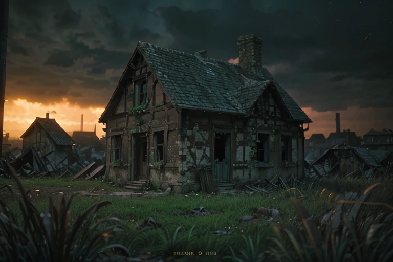 a ruined fantasy town, detailed architecture, crumbling buildings, overgrown vegetation, derelict structures, abandoned city, dramatic lighting, moody atmosphere, cinematic composition, fantasy landscape, intricate details, epic scale, sense of decay, mysterious ambiance, vibrant colors, (best quality,4k,8k,highres,masterpiece:1.2),ultra-detailed,(realistic,photorealistic,photo-realistic:1.37)