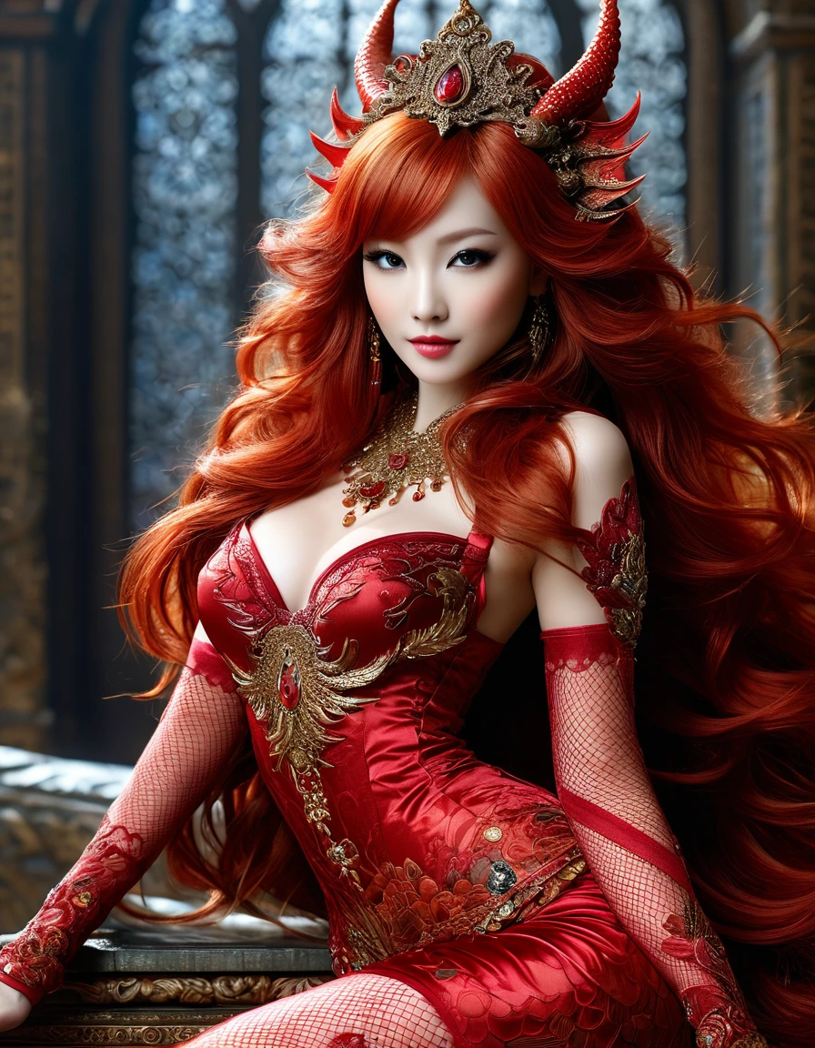 Sublime harpie asiatique belle et sensuelle, very long flamboyant red hair very detailed, jambes longues et sublime, romantique et sensuelle, futuriste, sublime poitrine effet push-up,  highly detailed skin, very detailed breasts, very thin waist, fine detailed lace suspender with gothic fractal patterns, nue, (nue, deux sublimes et charmantes petites ailes de dragon, queue de dragon dans le dos), ((hyperRéaliste, masterpiece, superior quality, high resolution, Extremely detailed)), ((highly detailed CG unified 8K wallpaper)), visage Extremely detailed beauté sublime, (light smile drawn on her luscious lips, vole vers le soleil, plan large)