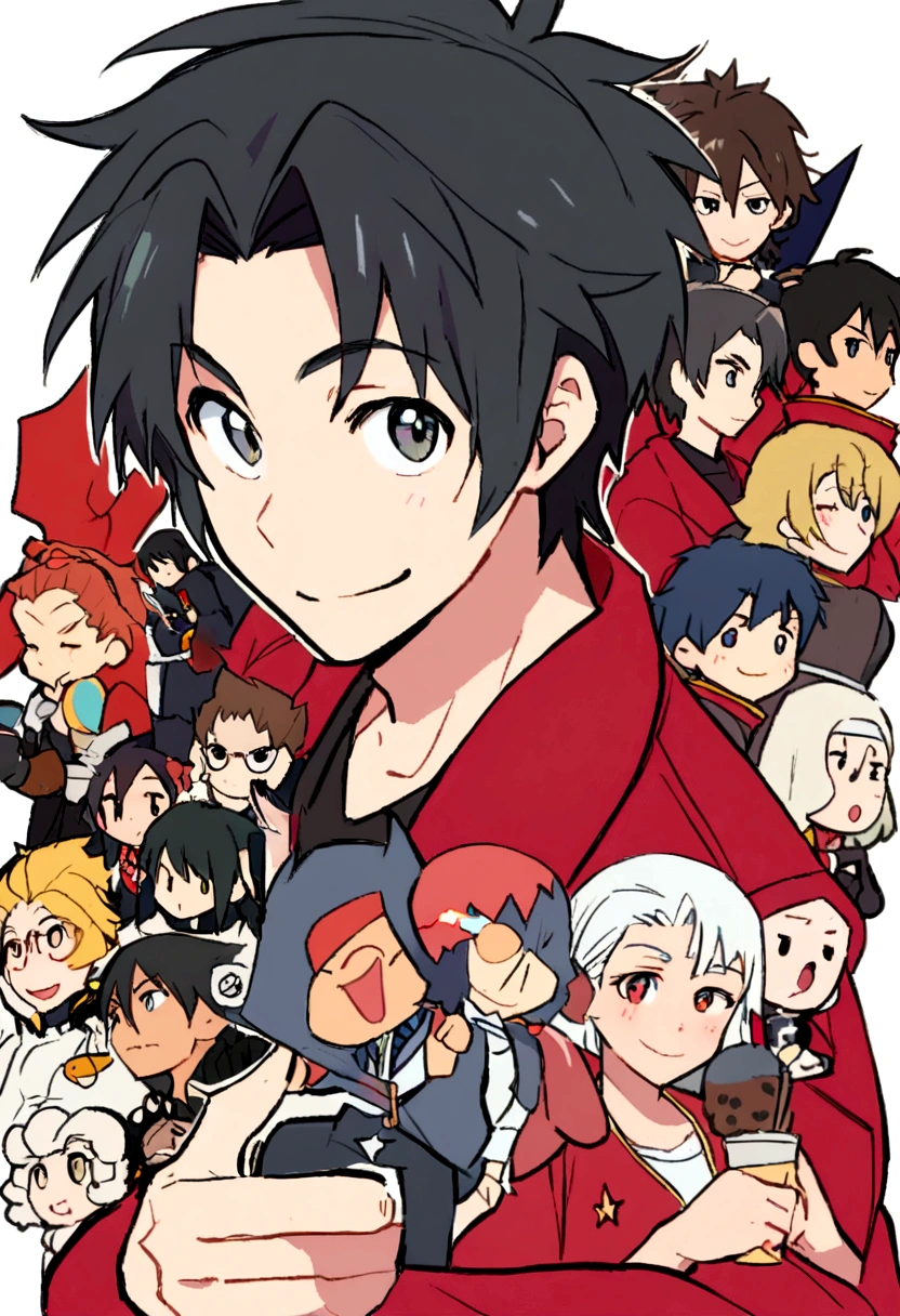 Anime boy with black hair and a red jacket smiling at the camera, Okikata Kazuto, [[[[gAlsoning evily]]]], Eat and drink, Hiro, ( ( ( yoshinari yoh ) ) ), Gurren Lagann, nobutaka ike, Kirito, inspired by Okumura Masanobu, Also, Avatar Image